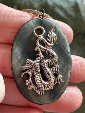 Dragon Pendant Necklace - Gray and Silver Oval